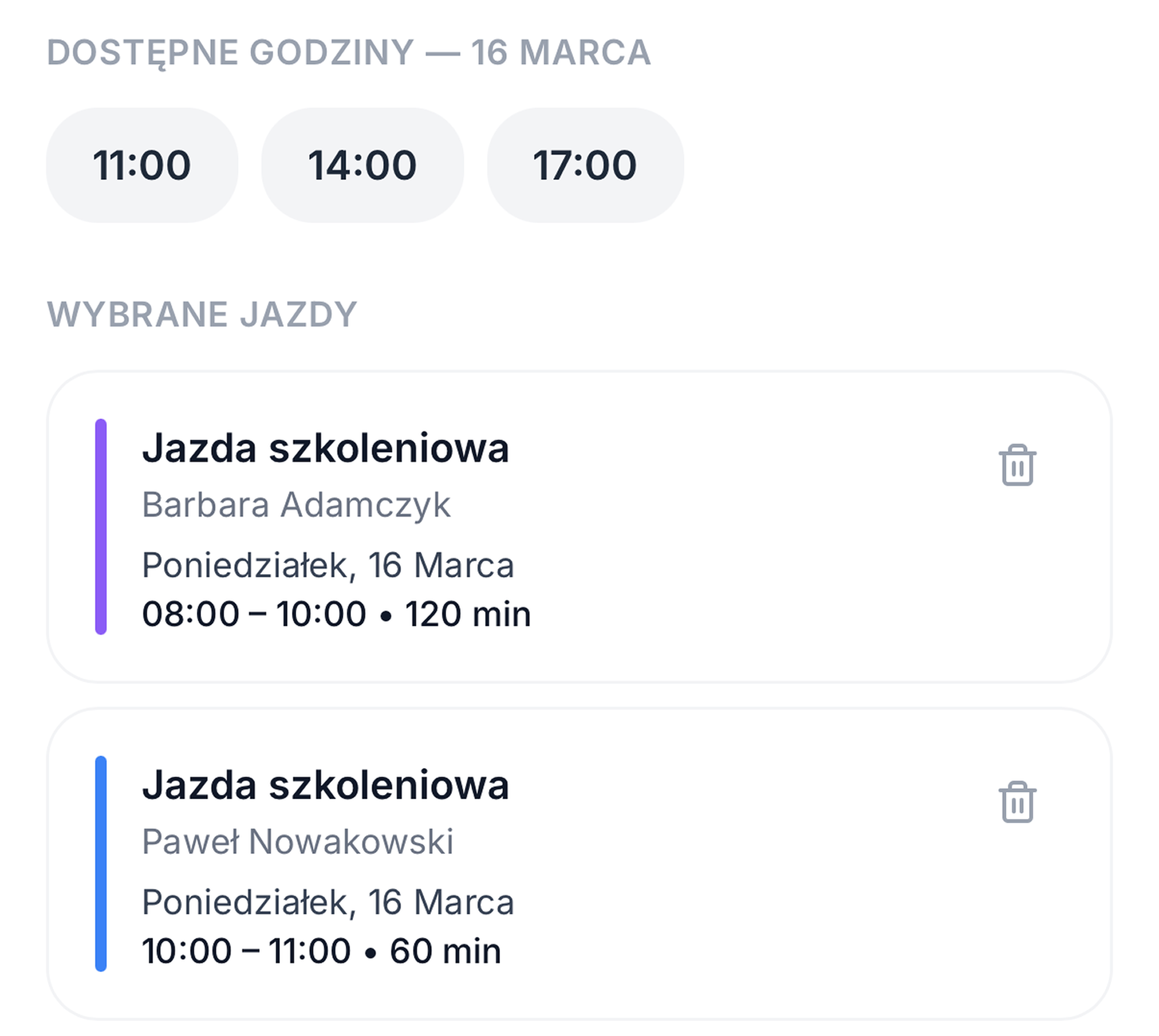 Ekran rezerwacji jazdy przez kursanta